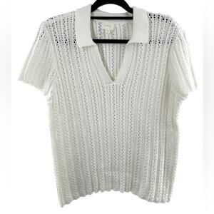 Cyrus White Coastal Open Knit Collared Short Sleeve Luxury Sweater Size XL